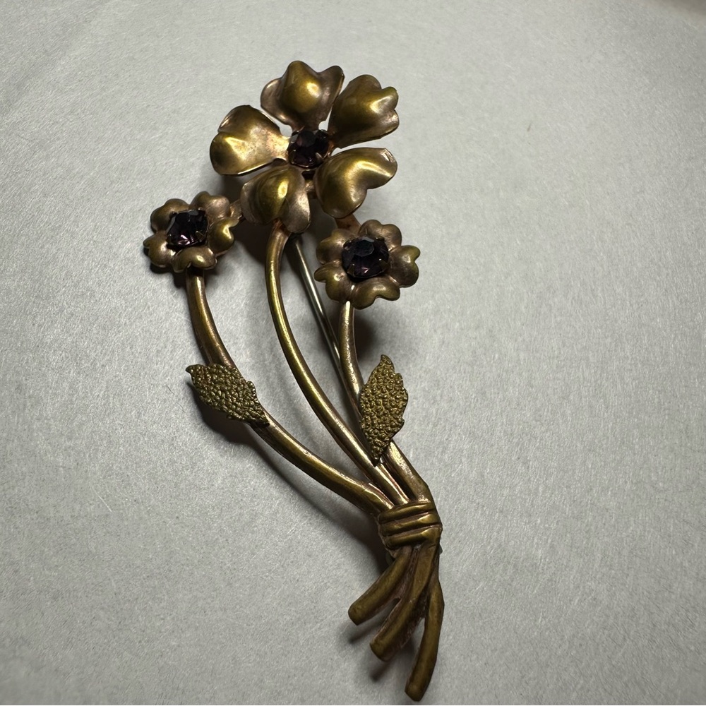 Vintage Gold Floral Brooch with Purple Gems signed 800 silver